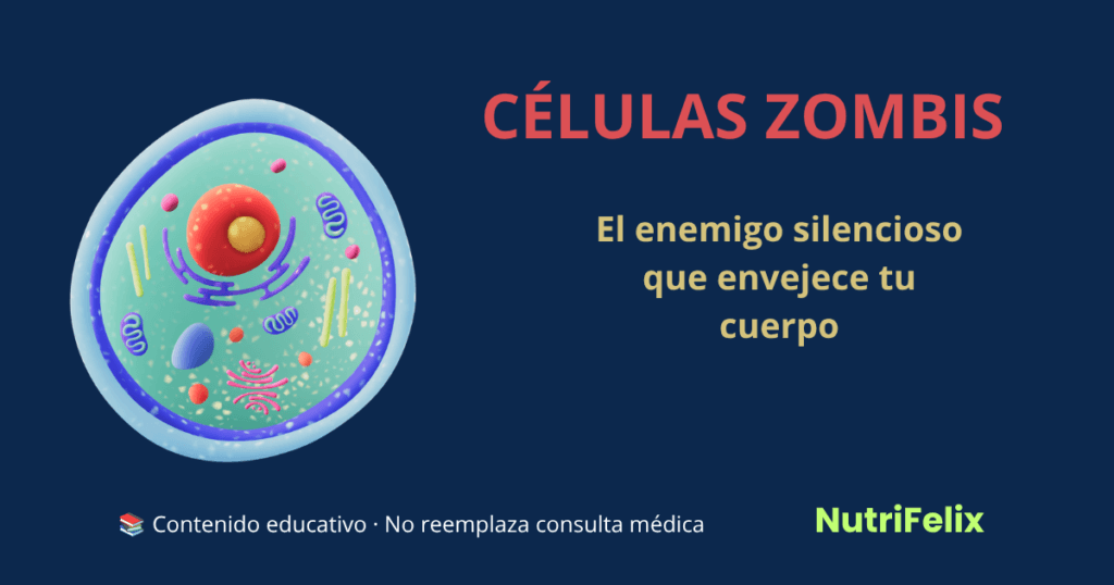 Ilustración de una célula senescente o célula zombi en tonos azules y verdes, representando el envejecimiento celular y su relación con la inflamación crónica y la nutrición