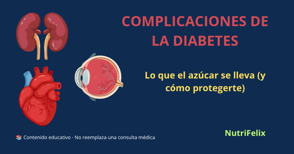 Ilustración de un corazón, un riñón y un ojo (retina) representando los tres órganos principales afectados por las complicaciones de la diabetes: cardiovascular, renal y ocular
