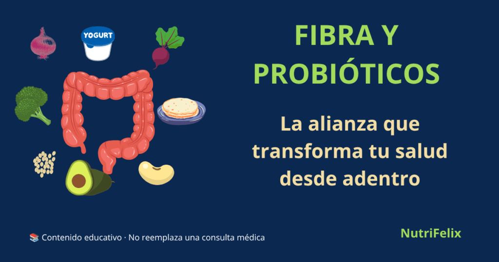 Ilustración de un intestino rodeado de alimentos ricos en fibra como verduras, legumbres, frutas y semillas, representando la alianza para la salud digestiva