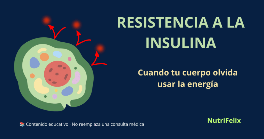 Ilustración de glucosa (puntos rojos) rebotando en la membrana de una célula, representando el bloqueo de entrada de glucosa por la resistencia a la insulina