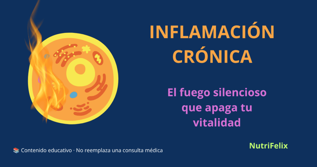Ilustración de una llama o fuego interno rodeando una célula o un órgano, representando la inflamación crónica silenciosa que afecta la salud y la vitalidad