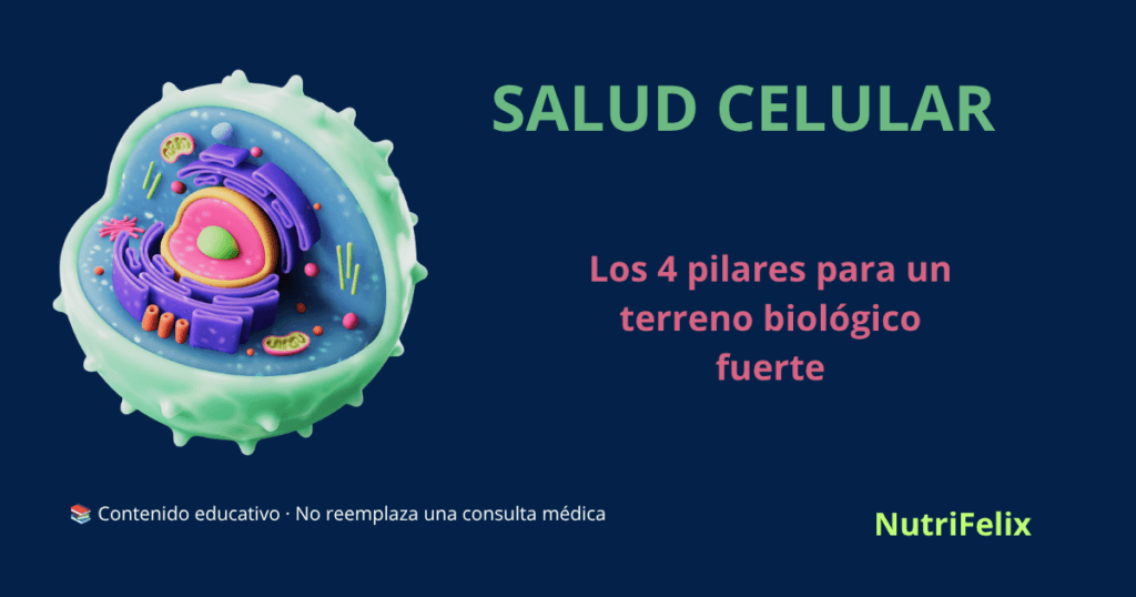 Ilustración de un corte transversal de una célula mostrando mitocondrias, núcleo y orgánulos, representando la salud celular y los 4 pilares para un terreno biológico fuerte