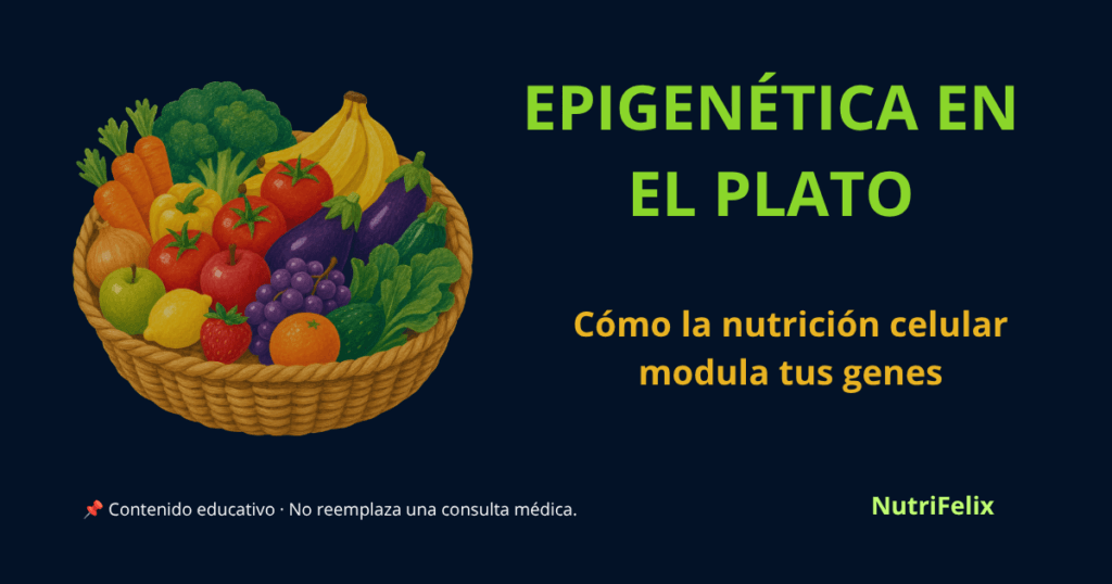 Imagen destacada del artículo Epigenética en el plato, con una cesta de alimentos que representa cómo la nutrición celular modula la expresión de los genes. Contenido educativo de NutriFelix.