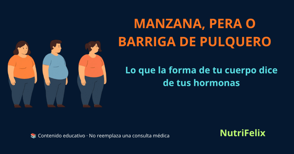 Tres siluetas de cuerpo humano comparando los tipos de obesidad: manzana (grasa abdominal), pera (grasa en caderas y muslos) y barriga de pulquero (distribución homogénea o androide)