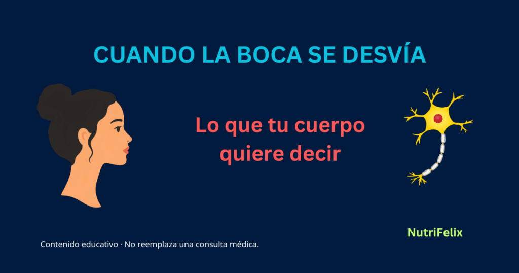 Imagen destacada del artículo "Cuando la boca se desvía: lo que tu cuerpo quiere decir". Muestra el rostro de perfil de una mujer junto a una neurona, simbolizando la conexión entre el síntoma visible y el daño neurológico.