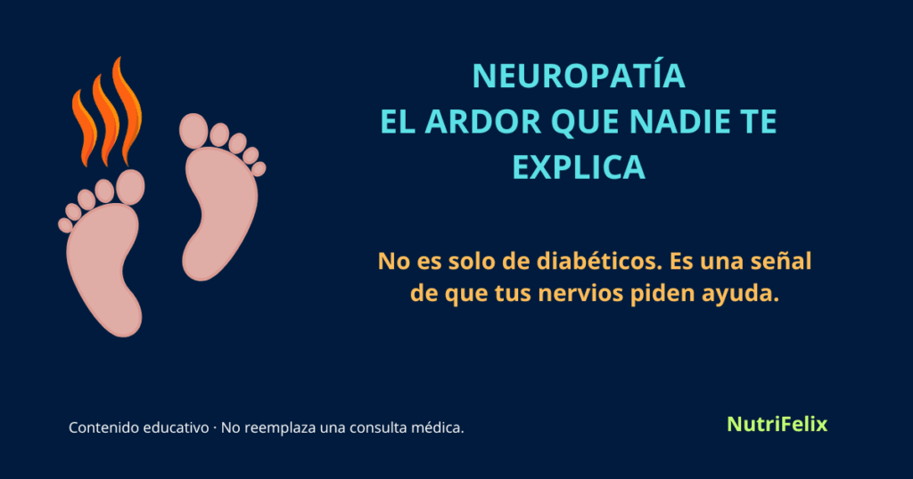 Imagen destacada del artículo sobre neuropatía. Muestra el título "Neuropatía: El ardor que nadie te explica" y el subtítulo "No es solo de diabéticos. Es una señal de que tus nervios piden ayuda". Fondo azul oscuro con concepto de ardor o nervios.