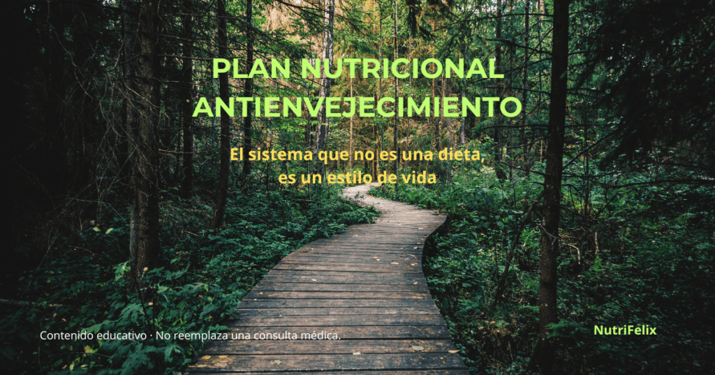 Imagen destacada del artículo sobre el Plan Nutricional Antienvejecimiento. Muestra un camino en el bosque, simbolizando el recorrido de la salud como un estilo de vida. Título: "Plan Nutricional Antienvejecimiento". Subtítulo: "El sistema que no es una dieta, es un estilo de vida".