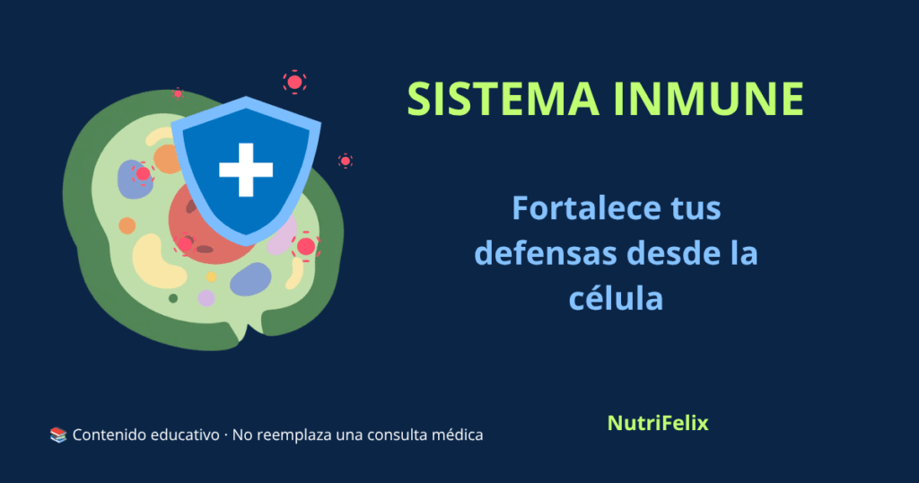 Imagen destacada del artículo "Sistema Inmune Frágil". Muestra un escudo protector sobre un fondo de células, con el título "Sistema Inmune" y el subtítulo "Fortalece tus defensas desde la célula". Fondo azul oscuro.