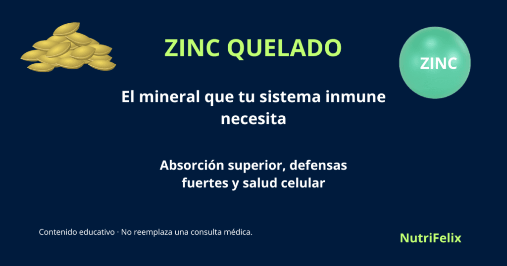 Imagen destacada del artículo sobre zinc quelado. Muestra el título "Zinc Quelado, el mineral que tu sistema inmune necesita" y el subtítulo "Absorción superior, defensas fuertes y salud celular". Fondo azul oscuro con texto blanco.